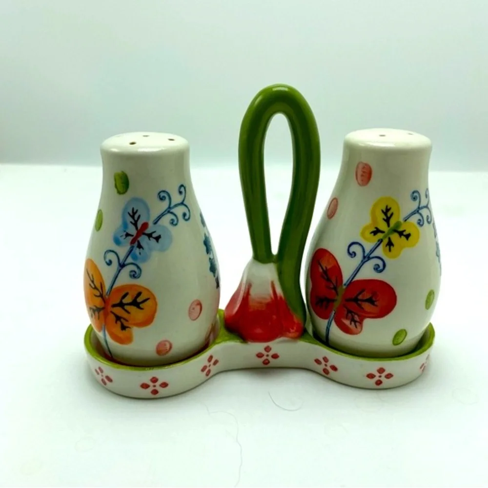 Pier One Salt & Pepper Shakers With Flower Caddy